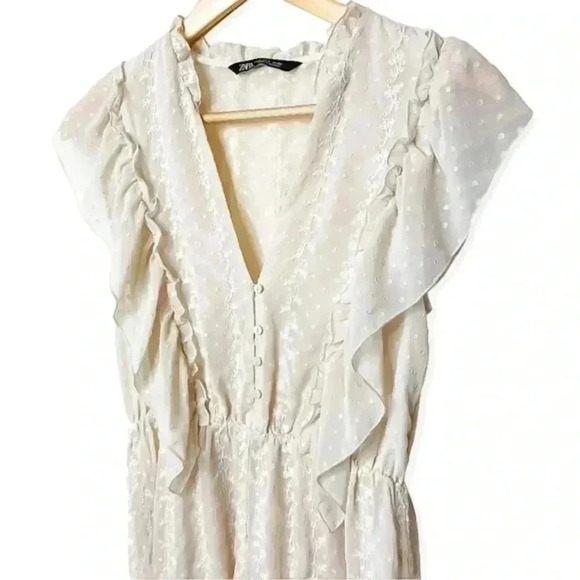 Zara‎ White Embroidered Dotted Mesh Midi Dress - Picture 3 of 6
